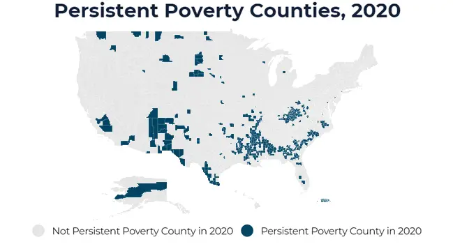 Map of persistent poverty counties in 2020 by Housing Assistance Council on ruralhome.org