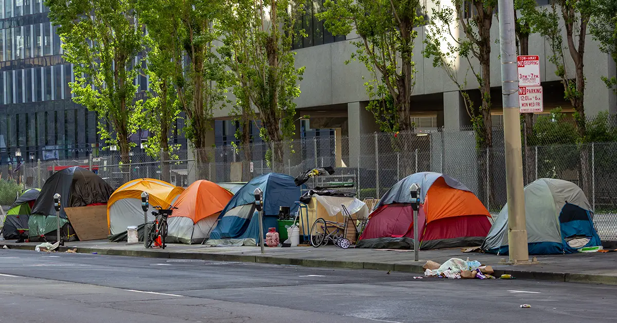 Photo of homeless in San Francisco sheltering in place during the COVID-19 pandemic.