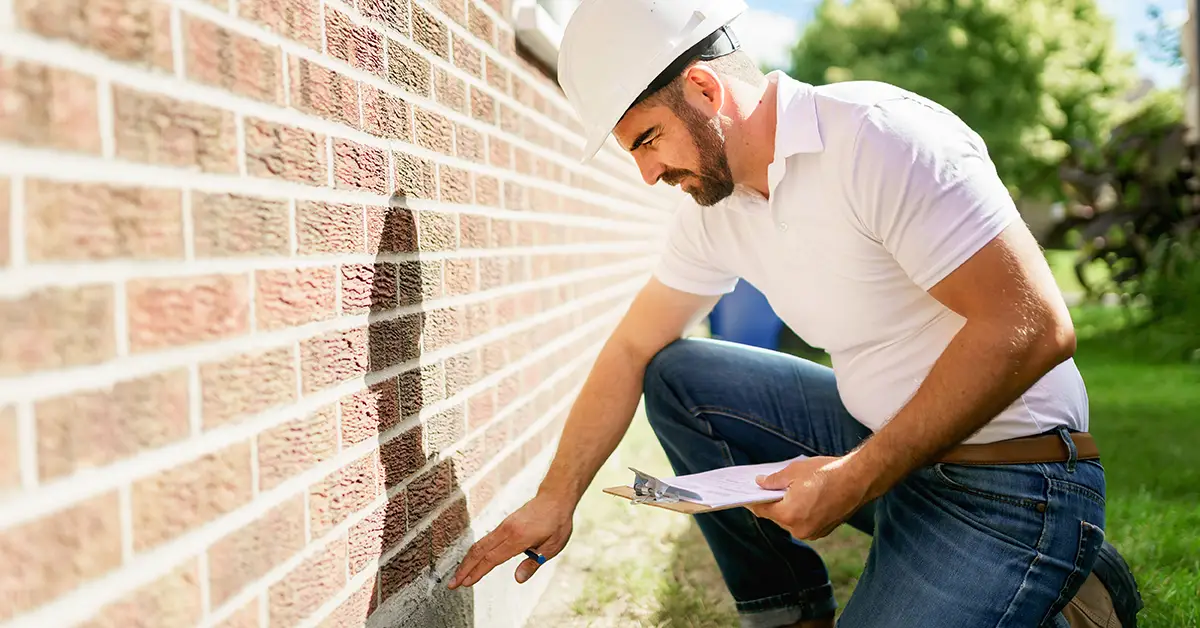Photo of an inspector holding a clipboard and squatting next to the exterior wall of a house to inspect it. Photo by Adobe Stock.